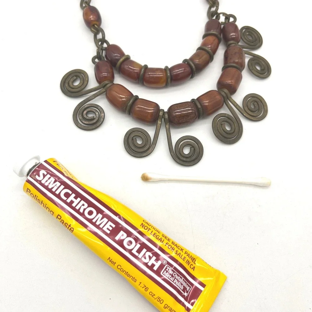 Vintage Phenolic Bakelite Brass Spiral Bib‎ Statement Necklace Tribal